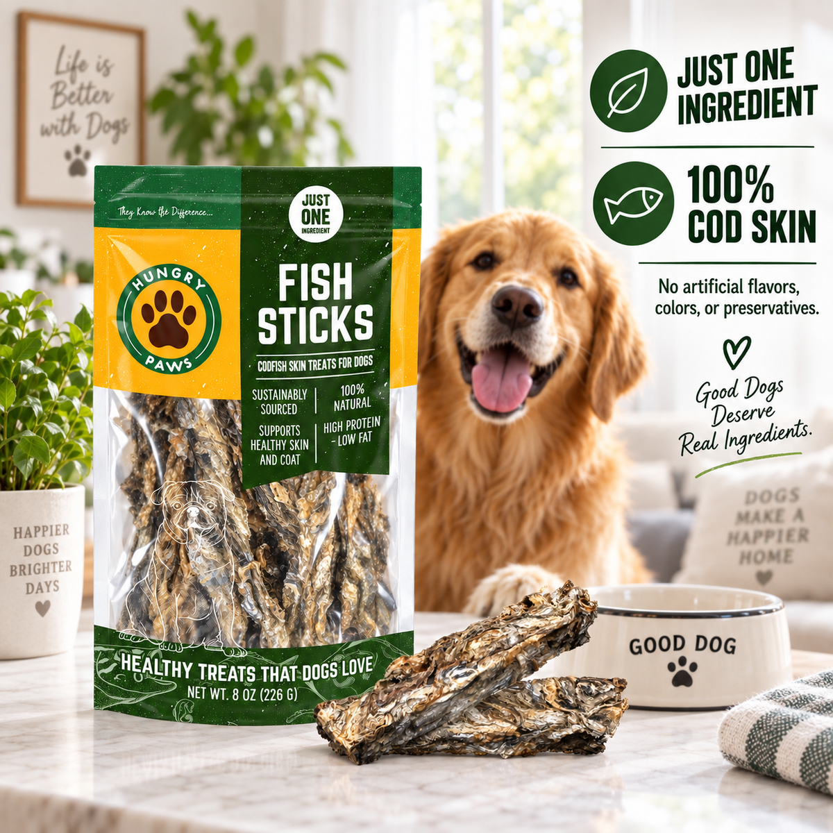 Hungry Paws Fish Sticks, cod skin treats for dogs, 8 oz