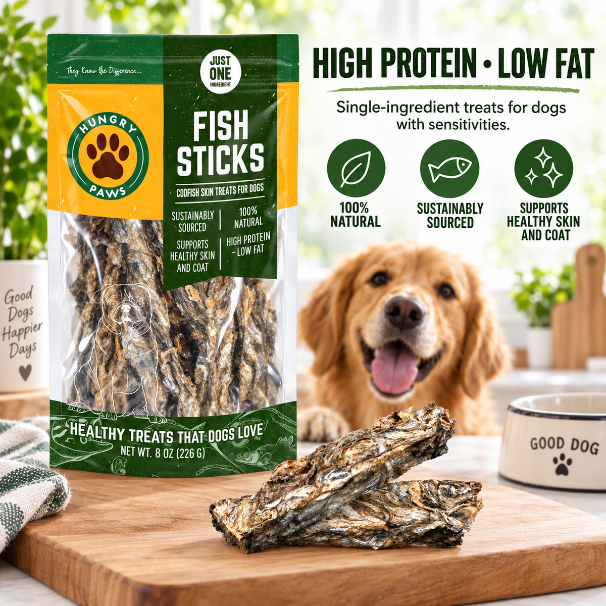 Hungry Paws Fish Sticks, cod skin treats for dogs, 8 oz