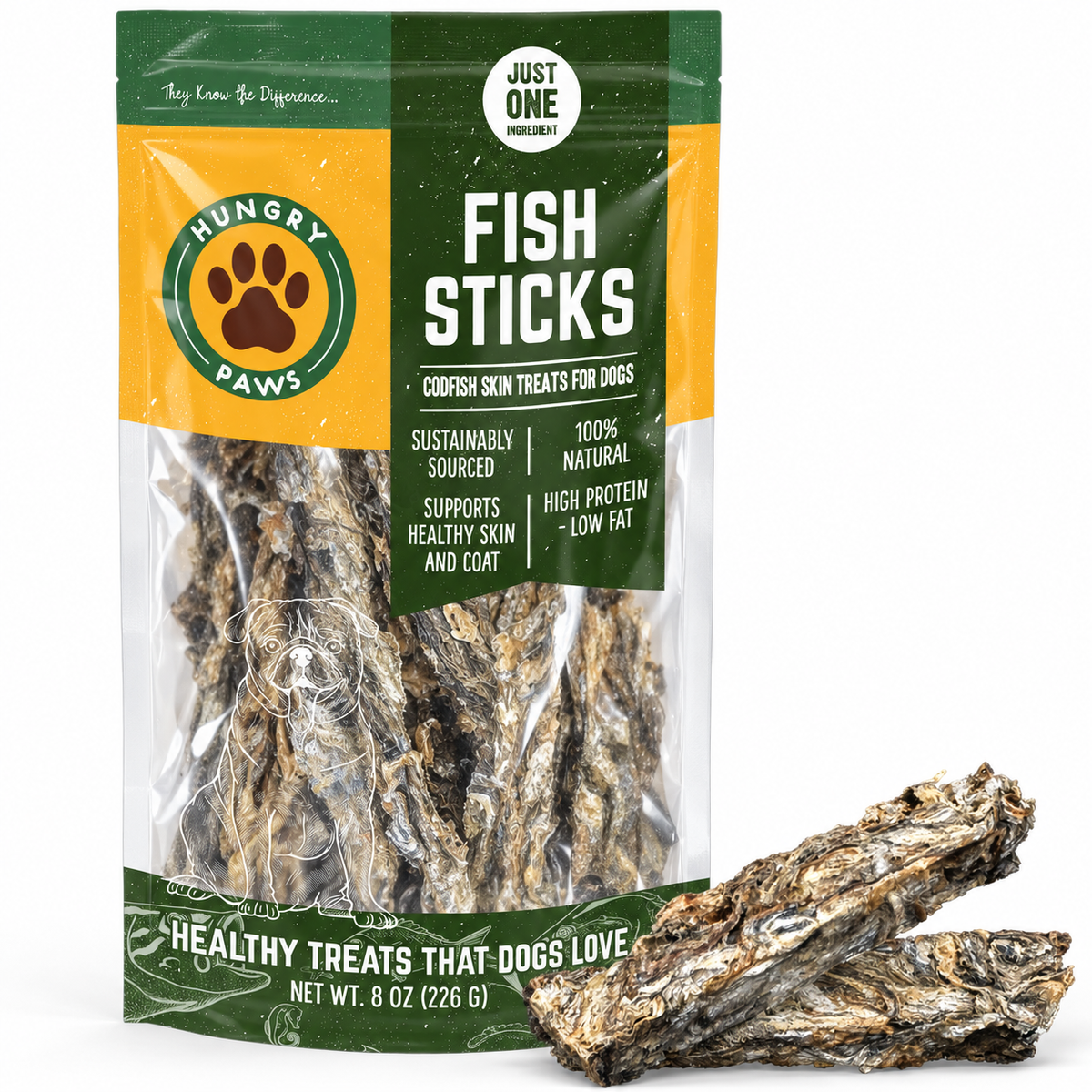 Hungry Paws Fish Sticks, cod skin treats for dogs, 8 oz bag