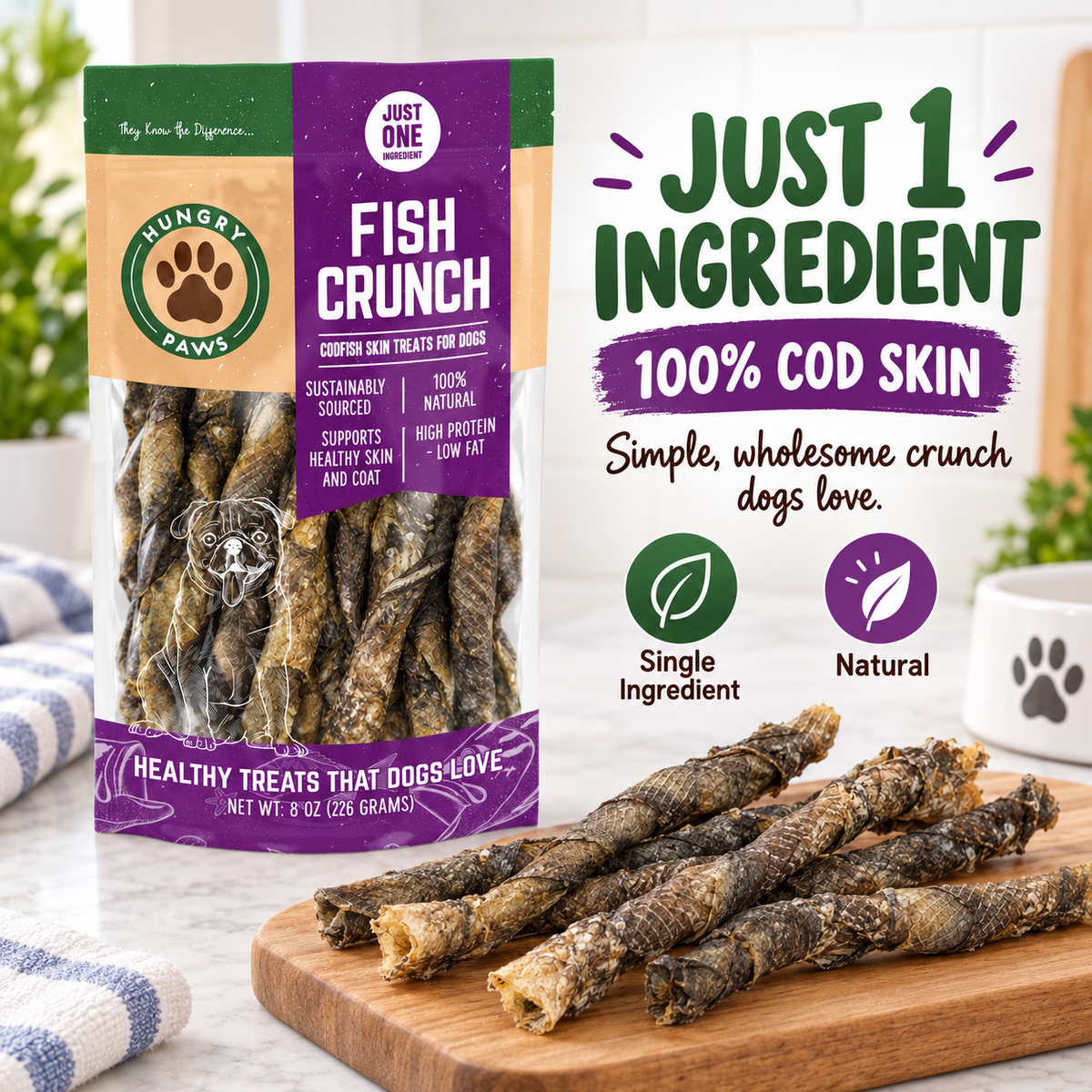 Hungry Paws Fish Crunch, cod skin treats for dogs, 8 oz