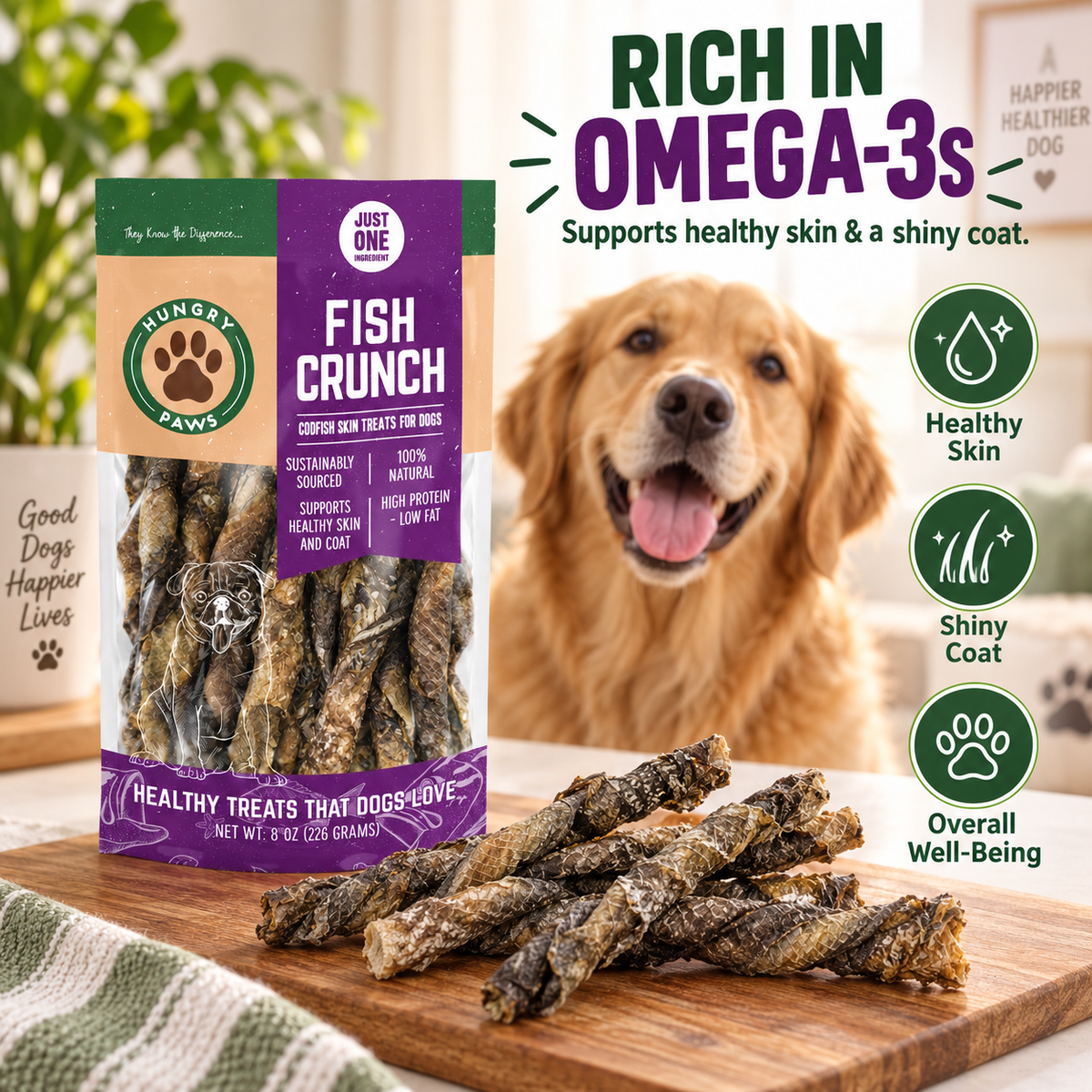 Hungry Paws Fish Crunch, cod skin treats for dogs, 8 oz