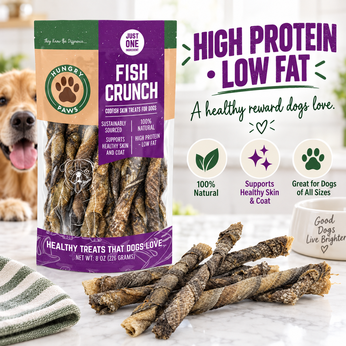 Hungry Paws Fish Crunch, cod skin treats for dogs, 8 oz