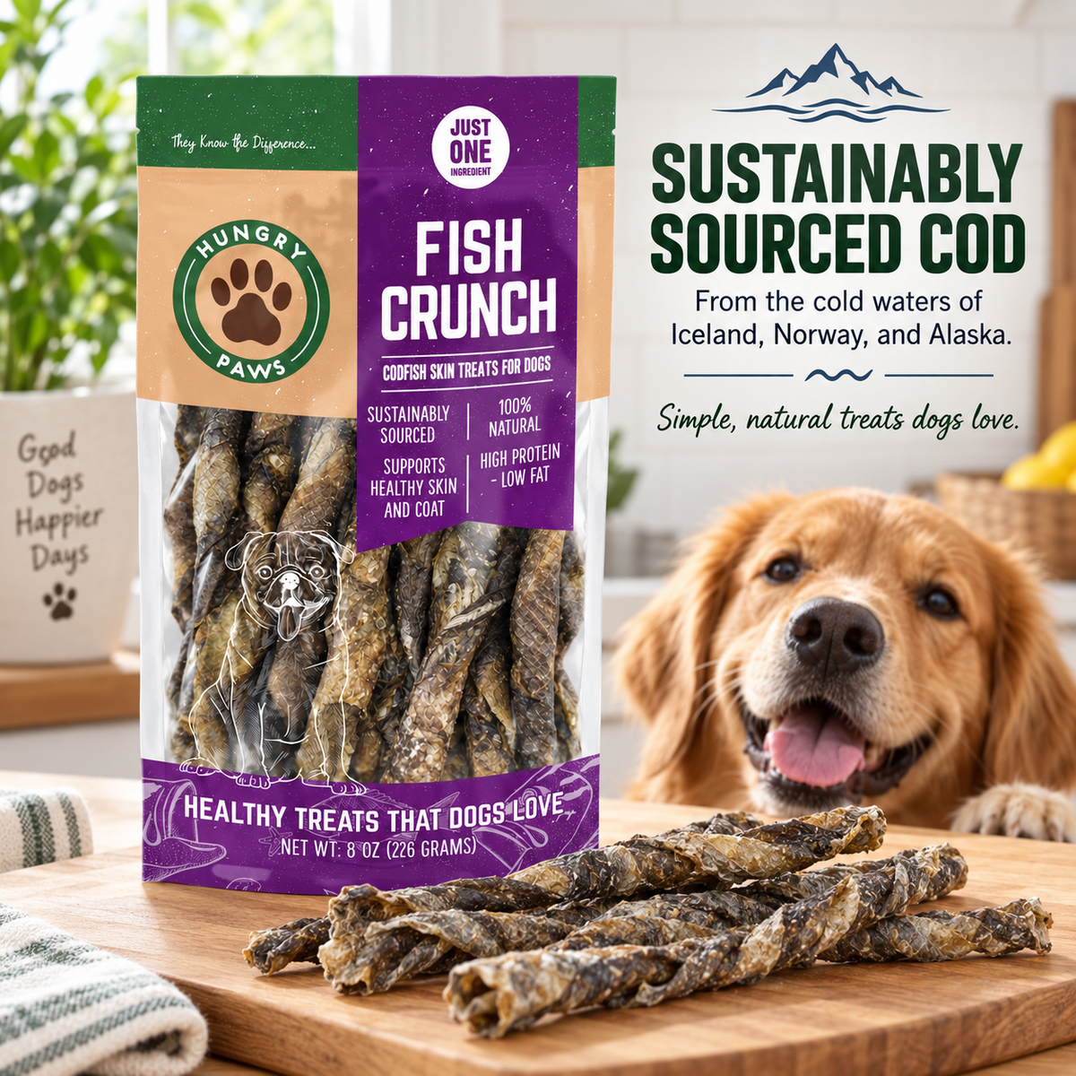Hungry Paws Fish Crunch, cod skin treats for dogs, 8 oz