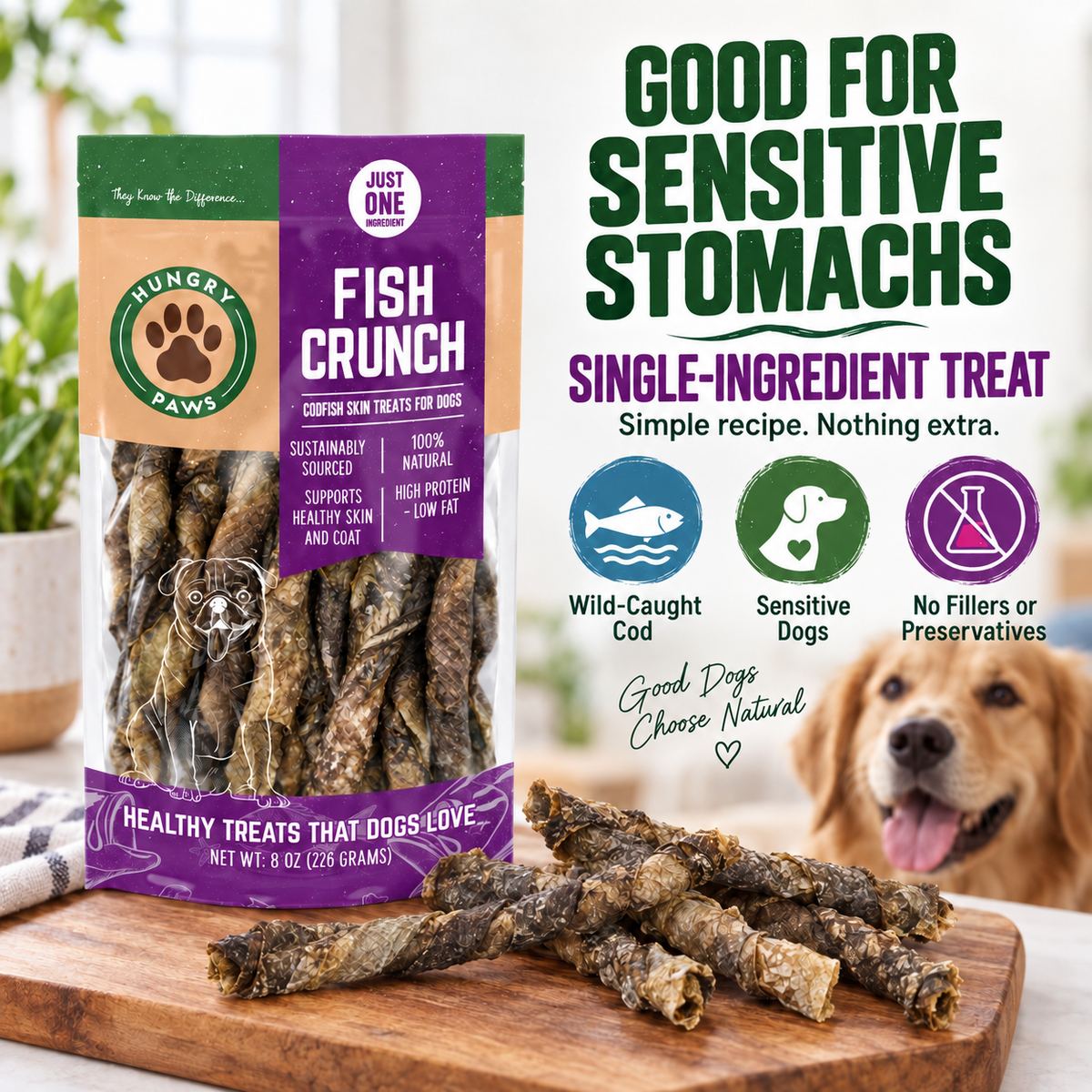 Hungry Paws Fish Crunch, cod skin treats for dogs, 8 oz